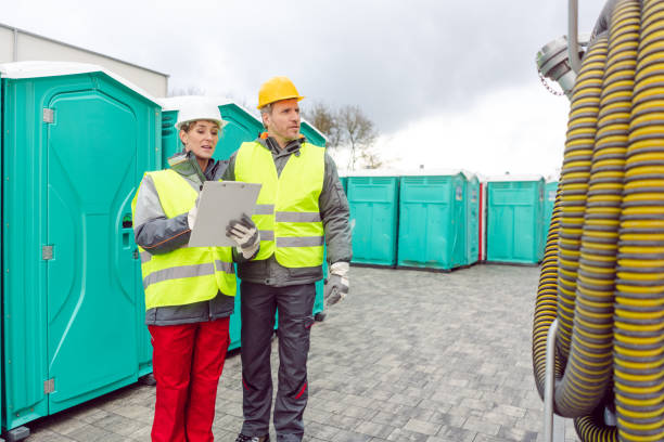 workers inspecting mobile toilet before shipment to the customer